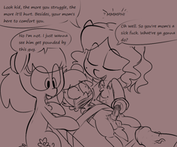 Size: 720x600 | Tagged: explicit, grimdark, artist:whydomenhavenipples, oc, oc:nikita, bad parenting, bondage, colt, crying, dialogue, disembodied penis, female, female on male, female on male rape, foal, foalcon, gay, grammar error, imminent rape, imminent sex, implied blowjob, implied oral, implied sex, imported from derpibooru, incest, male, mare, mare on colt, mcsweezys, nudity, oc only, offscreen character, penis, pony, rape, rape by proxy, straight