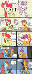Size: 1300x3000 | Tagged: explicit, artist:strangerdanger, apple bloom, rainbow dash, scootaloo, sweetie belle, ..., :o, :t, back scratcher, back scratching, bedroom eyes, big dildo, bipedal, blushing, book, childhood innocence, comic, cutie mark crusaders, dialogue, dildo, doubleheaded dildo, exclamation point, female, foalcon, frown, g4, horsecock, horsecock dildo, implied bestiality, implied lesbian, imported from derpibooru, nudity, open mouth, pegasus, penis, pony, reading, rubbing, sex toy, ship:tankdash, sitting, smiling, speech bubble, tank, thinking, underhoof, wide eyes, young