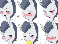 Size: 1280x960 | Tagged: explicit, artist:cold-blooded-twilight, bedroom eyes, blushing, crossdressing, cum, expressions, eyes closed, eyeshadow, facial, foalcon, g4, heart, implied gay, imported from derpibooru, licking, licking lips, lipstick, looking at you, makeup, male, moaning, mouth hold, nom, open mouth, panting, pineapple, rumble, shivering, smiling, solo, solo male, sweat, tongue out, trap