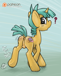 Size: 1615x2000 | Tagged: explicit, artist:smudge proof, anus, balls, both cutie marks, butt, butt freckles, colt, foal, foalcon, freckles, g4, imported from derpibooru, looking at you, male, motion lines, nudity, onomatopoeia, patreon, patreon logo, plot, question mark, sketch, snailbutt, snails, solo, solo male, trotting