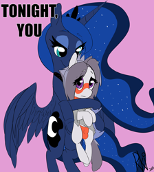 Size: 1500x1677 | Tagged: explicit, artist:arkiiwarki, princess luna, alternate hairstyle, anus, aqua teen hunger force, ask, ask trap-rumble, balls, blushing, butt, choker, clothes, colt, crotch bulge, cute, dialogue, eyelashes, foal, foalcon, futa, futa on male, futa princess luna, g4, hand banana, imported from derpibooru, intersex, male, nudity, panties, penis, plot, rumble, too hot for putin, trap, tumblr, underwear