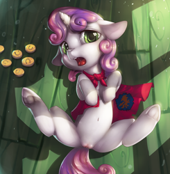 Size: 1200x1223 | Tagged: explicit, artist:xennos, sweetie belle, alternate version, bedroom eyes, belly, belly button, bits, butt, cape, clitoris, clothes, cute, cute porn, female, filly, floppy ears, foal, foalcon, g4, human vulva, human vulva on pony, imported from derpibooru, legs in air, looking at you, lying down, nudity, on back, open mouth, plot, pony, prostitution, solo, solo female, spread legs, spreading, tongue out, underhoof, unicorn, vulva