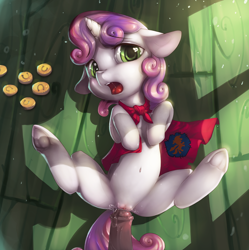 Size: 1200x1203 | Tagged: explicit, artist:xennos, sweetie belle, alternate version, bedroom eyes, belly, belly button, bits, butt, cape, clitoris, clothes, dominant pov, female, female focus, filly, floppy ears, foal, foalcon, g4, horn, horsecock, human vulva, human vulva on pony, imminent sex, imported from derpibooru, just the tip, legs in air, looking at you, lying down, male, male pov, nudity, offscreen character, offscreen male, on back, open mouth, penis, plot, pony, pov, prostitution, sex, solo focus, spread legs, spreading, stallion on filly, straight, tip tease, tongue out, underhoof, unicorn, vaginal, vaginal secretions, vulva