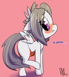 Size: 1280x1433 | Tagged: explicit, artist:arkiiwarki, alternate hairstyle, anus, ask, ask trap-rumble, balls, blushing, choker, clothes, crotch bulge, cute, dialogue, eyelashes, foal, foalcon, g4, imported from derpibooru, male, nudity, panties, penis, pink background, precum, rumble, simple background, solo, solo male, taint, trap, tumblr, underwear