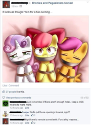 Size: 508x691 | Tagged: questionable, semi-grimdark, apple bloom, scootaloo, sweetie belle, bondage, crying, cutie mark crusaders, disgusting, earth pony, facebook, female, femsub, foalcon, g4, imminent rape, implied rape, imported from derpibooru, pegasus, pony, screenshots, sockpuppeting in the comments, submissive, tape, text, unicorn