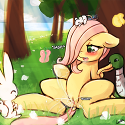 Size: 750x750 | Tagged: explicit, artist:lumineko, fluttershy, angel bunny, animal, anus, crying, dock, duck, exhibitionism, female, filly, floppy ears, foal, foalcon, g4, human vulva on pony, imported from derpibooru, masturbation, nudity, open mouth, orgasm, outdoor masturbation, outdoors, ponut, pony, rabbit, sitting, smiling, solo, solo female, spread legs, spreading, squirting, vaginal secretions, vulva, younger