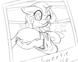 Size: 2500x2000 | Tagged: explicit, artist:fearingfun, sweetie belle, anus, clothes, cute, cute porn, diasweetes, dock, female, filly, foal, foalcon, g4, high res, imported from derpibooru, monochrome, nudity, one-piece swimsuit, pony, sketch, solo, solo female, stripping, swimming pool, swimsuit, unicorn, vulva, water, wet, wet mane