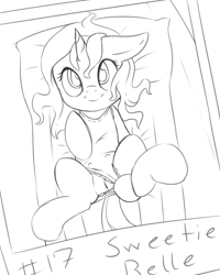 Size: 2000x2500 | Tagged: explicit, artist:fearingfun, sweetie belle, clothes, crotchboobs, cute, cute porn, diasweetes, female, filly, foal, foalcon, g4, high res, imported from derpibooru, legs in air, monochrome, nudity, one-piece swimsuit, pony, sketch, solo, solo female, swimsuit, swimsuit aside, unicorn, vulva, wet