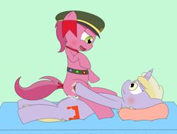 Size: 2700x2050 | Tagged: explicit, artist:pvryohei, clothes, cowgirl position, cum, dinky hooves, filly guides, foalcon, futa, futa dinky hooves, futa on female, g4, genitals, high res, imported from derpibooru, intersex, jaded pinch, nudity, penetration, penis, ruby pinch, sex, ship:dinkypinch, vaginal, vulva