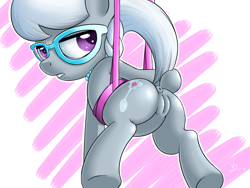 Size: 1600x1200 | Tagged: explicit, artist:vsdrawfag, silver spoon, anus, bondage, butt, earth pony, female, foalcon, g4, glasses, imported from derpibooru, lip bite, nudity, plot, ponut, pony, presenting, raised tail, silverbutt, solo, solo female, suspended, vulva