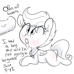 Size: 600x600 | Tagged: explicit, artist:whydomenhavenipples, rainbow dash, scootaloo, blushing, collar, eye clipping through hair, eyes on the prize, female, femsub, foalcon, futa, futa on female, futa rainbow dash, futadom, g4, horsecock, imported from derpibooru, intersex, looking up, monochrome, nudity, offscreen character, open mouth, pegasus, penis, pet play, pony, prone, rainbow dash is a foal fiddler, scootapet, ship:scootadash, shipping, sketch, submissive, tongue out