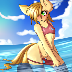 Size: 2000x2000 | Tagged: explicit, artist:silverfox057, oc, oc:silverblaze, anthro, anthro oc, bikini, breasts, chest fluff, clothes, female, filly, foal, foalcon, hair over one eye, high res, imported from derpibooru, nudity, oc only, outdoors, solo, solo female, swimsuit, vulva, water