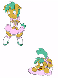 Size: 2400x3200 | Tagged: explicit, artist:alazak, anal insertion, blushing, clothes, crossdressing, crying, dress, earring, foalcon, g4, high heels, high res, horn, imported from derpibooru, insertion, legwear, lipstick, male, nudity, painal, penis, piercing, pillow, pony, sex toy, snails, solo, solo male, stockings, thigh highs, unicorn, vibrator