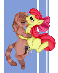 Size: 2000x2500 | Tagged: explicit, artist:launny, apple bloom, oc, anatomically incorrect, bad anatomy, balls, blushing, bow, canon x oc, cum, female, foalcon, furry, g4, hair bow, high res, imported from derpibooru, licking, male, nudity, penetration, penis, sex, shipping, straight, tongue out, vagina, vaginal, vulva