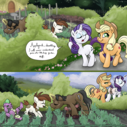 Size: 2000x2000 | Tagged: explicit, artist:smudge proof, applejack, rarity, spike, oc, oc:thunder ring, anus, big penis, butt, comic, commission, consentacles, cottage, countryside, crotchboobs, dragon, foalcon, g4, garden, hemipenis, high res, imported from derpibooru, impossibly large penis, magic, multidick, nipples, nudity, penis, pipsqueak, plot, small penis, tentacle porn, tentacles, tentacles on male, vagina
