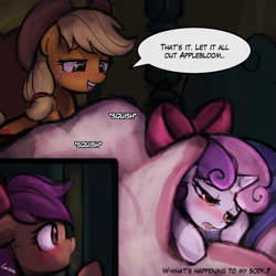 Size: 750x750 | Tagged: explicit, artist:lumineko, applejack, scootaloo, sweetie belle, apple bloom's bow, ass up, bad touch, bedroom eyes, bedsheets, blushing, bow, comic, drool, dubious consent, earth pony, face down ass up, female, filly, foal, foalcon, g4, hair bow, implied incest, imported from derpibooru, lesbian, mare, mare on filly, my little pony: friendship is magic, open mouth, pegasus, personal space invasion, pony, scene parody, ship:sweetiejack, smiling, somepony to watch over me, under the covers, unicorn, voyeurism, watching