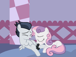 Size: 830x623 | Tagged: explicit, artist:badumsquish-edits, sweetie belle, blowjob, blushing, colt, edit, female, filly, foal, foalcon, g4, imported from derpibooru, male, nudity, oral, orgasm, pegasus, penis, pony, reasonably sized genitals, rumble, sex, ship:rumbelle, shipping, show accurate, show accurate porn, straight, unicorn