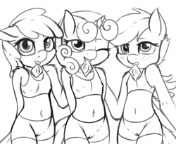 Size: 1636x1344 | Tagged: questionable, artist:fearingfun, apple bloom, scootaloo, sweetie belle, adorabloom, anthro, bedroom eyes, belly button, blushing, breasts, cameltoe, clothes, condom, condom in mouth, cute, cutealoo, cutie mark crusaders, delicious flat chest, diasweetes, earth pony, erect nipples, female, females only, filly, fluffy, foal, foalcon, g4, grin, imported from derpibooru, inviting, looking at you, monochrome, mouth hold, nipple outline, nudity, shorts, sketch, smiling, tank top, wink