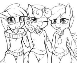 Size: 1636x1344 | Tagged: explicit, artist:fearingfun, apple bloom, scootaloo, sweetie belle, adorabloom, anthro, belly button, bottomless, breasts, clothes, condom, condom in mouth, cute, cutealoo, cutie mark crusaders, delicious flat chest, diasweetes, earth pony, female, females only, filly, foal, foalcon, g4, hoodie, imported from derpibooru, inviting, inviting you, looking at you, monochrome, mouth hold, nudity, pegasus, sketch, sweater, unicorn, vulva