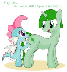 Size: 936x998 | Tagged: explicit, artist:ragazzipl, artist:tg-0, oc, oc:dim sum the dragon, oc:harmy poison, art theft, cunnilingus, dragon, female, foalcon, imported from derpibooru, lesbian, licking, mare, oc only, oral, pony, simple background, tongue out, trace, unicorn, vaginal secretions