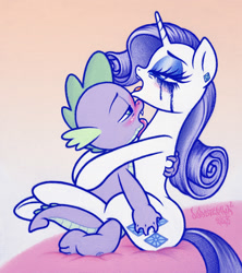 Size: 1144x1290 | Tagged: questionable, artist:dubstepina, rarity, spike, bed, dragon, duo, duo male and female, female, foalcon, g4, imported from derpibooru, interspecies, male, obscured penetration, pony, running makeup, sex, ship:sparity, shipping, softcore, straight, straight shota, unicorn