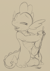 Size: 702x990 | Tagged: explicit, artist:quartz-poker, spike, derpibooru exclusive, dragon, foalcon, g4, genital swap, horsecock, horsecock on dragon, hyper, imported from derpibooru, male, masturbation, monochrome, nudity, penis, precum, sketch, solo, solo male