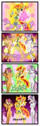 Size: 1122x3496 | Tagged: explicit, artist:anibaruthecat, apple bloom, scootaloo, sweetie belle, comic:fetish escalation, 4koma, angry, anthro, apple bloomers, assisted exposure, banned from derpibooru, belly button, breasts, clothed female nude female, comic, cutie mark crusaders, earth pony, embarrassed, embarrassed nude exposure, female, fire, foalcon, g4, hoof feet, imported from derpibooru, imported from twibooru, japanese, lolicon, midriff, nipples, nudity, on fire, stripped by magic, underage, undressing, vulva