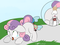 Size: 2048x1537 | Tagged: explicit, artist:icy wings, sweetie belle, ahegao, anal, ass up, bent over, bestiality, butt, cum, cum inflation, cumming, dock, double penetration, excessive cum, face down ass up, female, filly, foal, foalcon, g4, imported from derpibooru, inflation, interspecies, male, parasprite, penetration, plot, pornasprite, straight, vaginal