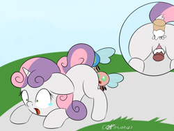 Size: 2048x1537 | Tagged: explicit, artist:icy wings, sweetie belle, anal, ass up, bent over, bestiality, butt, crying, cum, cumming, dock, double penetration, face down ass up, female, filly, foal, foalcon, g4, imported from derpibooru, interspecies, male, parasprite, penetration, plot, pony, pornasprite, straight, unicorn, vaginal