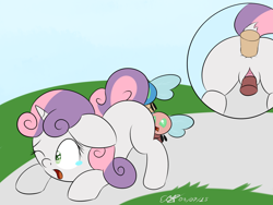 Size: 2048x1537 | Tagged: explicit, artist:icy wings, sweetie belle, anal, ass up, bent over, bestiality, butt, crying, dock, double penetration, face down ass up, female, filly, floppy ears, foal, foalcon, g4, imported from derpibooru, interspecies, male, nudity, one eye closed, parasprite, penetration, penis, plot, pornasprite, sex, straight, two toned mane, vaginal, wings, wink