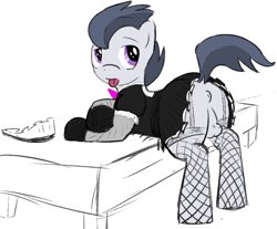 Size: 982x812 | Tagged: explicit, artist:mired, anus, balls, butt, clothes, colt, crossdressing, foal, foalcon, g4, imported from derpibooru, looking back, maid, male, nudity, plot, presenting, rumble, sketch, skirt, socks, solo, solo male, striped socks