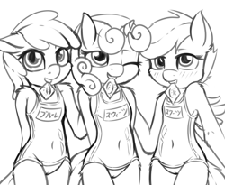 Size: 1636x1344 | Tagged: questionable, artist:fearingfun, apple bloom, scootaloo, sweetie belle, adorabloom, anthro, blushing, breasts, cameltoe, clothes, condom, condom in mouth, cute, cutealoo, cutie mark crusaders, delicious flat chest, diasweetes, earth pony, female, females only, filly, foal, foalcon, g4, imported from derpibooru, looking at you, monochrome, mouth hold, one-piece swimsuit, sketch, sukumizu, swimsuit, wink