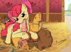 Size: 2525x1869 | Tagged: explicit, artist:rainihorn, apple bloom, oc, bedroom eyes, biting, blowjob, blushing, bruised, canon x oc, cbt, colt, dirty, drool, facesitting, filly, foal, foalcon, foaldom, g4, imported from derpibooru, male, nudity, on back, oral, penis, penis biting, rough sex, sex, straight, sweat, sweet apple acres, tongue out, underhoof