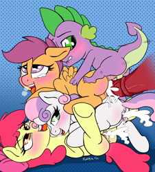 Size: 1606x1776 | Tagged: explicit, artist:kyokimute, apple bloom, scootaloo, spike, sweetie belle, aftersex, age difference, ahegao, anal, anus, apple bloom's bow, applecest, ass, bedroom eyes, big macintosh, big macintosh gets all the mares, blushing, bow, brother and sister, butt, butt blush, cmc fivesome, creampie, crying, cum, cumming, cutie mark crusaders, disembodied penis, double penetration, dragon, earth pony, filly, fivesome, foal, foalcon, g4, gaping, gritted teeth, group sex, hair bow, horsecock, imported from derpibooru, incest, lip bite, male, nudity, offscreen character, on back, one after another, open mouth, panting, penetration, penis, pile, plot, ponut, pony, prone, sex, ship:macbloom, ship:scootamac, ship:scootaspike, ship:sweetiebloom, ship:sweetiemac, shipping, siblings, size difference, smiling, stallion, stallion on filly, straight, tears of pleasure, tongue out, underhoof, vaginal, vaginal creampie, vulva, wingless spike