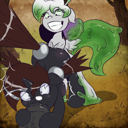 Size: 1280x1280 | Tagged: explicit, artist:dreadcoffins, oc, oc:feather spots, oc:sherly, anus, blowjob, cutie mark, female, fetish, foalcon, glasses, goo pony, horsecock, imported from derpibooru, male, mare, nudity, oc only, oral, original species, penis, stallion, straight, surprised, unbirthing, vaginal secretions, vore