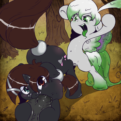 Size: 1280x1280 | Tagged: explicit, artist:dreadcoffins, oc, oc:feather spots, oc:sherly, anus, blowjob, cutie mark, dialogue, female, foalcon, glasses, goo pony, heterochromia, horsecock, imminent anal vore, imminent vore, imported from derpibooru, male, nudity, oc only, oral, original species, penis, sex, straight, vulva