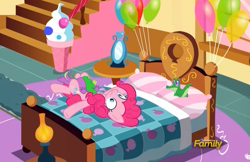 Size: 1550x1002 | Tagged: questionable, artist:hourglass-vectors, pinkie pie, spike, age difference, alligator, balloon, bed, cunnilingus, discovery family logo, dragon, duo, duo male and female, edit, edited screencap, female, foalcon, g4, gummy, hundreds of users filter this tag, imported from derpibooru, male, mare, my little pony: friendship is magic, oral, party pooped, pillow, pony, screencap, season 5, ship:pinkiespike, shipping, softcore, spread legs, straight, vector edit, wingless spike