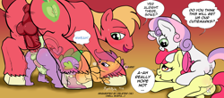 Size: 3366x1476 | Tagged: explicit, artist:kyokimute, apple bloom, scootaloo, spike, sweetie belle, abdominal bulge, aftersex, anal, anus, ass, balls, bedroom eyes, big macintosh, bisexual, blushing, butt, creampie, cum, cunnilingus, cutie mark crusaders, doggy style, dragon, female, foalcon, from behind, g4, gay, gay in front of girls, horsecock, implied incest, imported from derpibooru, interspecies, lesbian, male, nudity, on back, one after another, open mouth, oral, panting, penis, plot, ponut, ship:spikentosh, ship:sweetiebloom, shipping, smiling, straight, sweat, taint, this will end in pregnancy, vulva