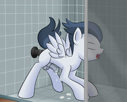Size: 1200x960 | Tagged: explicit, artist:floret, anal insertion, anal orgasm, balls, colt, cum, dildo, foal, foalcon, g4, horsecock, imported from derpibooru, insertion, male, masturbation, nudity, orgasm, pegasus, penis, pony, reasonably sized genitals, rumble, sex toy, shower, solo, solo male
