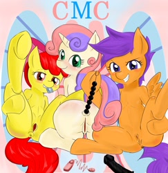 Size: 1984x2039 | Tagged: explicit, artist:汚自慰, apple bloom, scootaloo, sweetie belle, anal beads, anal insertion, anus, bedroom eyes, blushing, cmc threesome, condom, condom in mouth, cutie mark crusaders, dildo, female, filly, foal, foalcon, g4, imported from derpibooru, insertion, lesbian, looking at you, mouth hold, nudity, pixiv, ponut, presenting, sex toy, ship:sweetiebloomaloo, shipping, spreading, vagina, vaginal secretions, vibrator, vulva