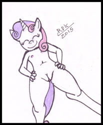 Size: 510x620 | Tagged: explicit, artist:rdk, sweetie belle, anthro, banned from derpibooru, breasts, delicious flat chest, female, flat, foalcon, g4, hand on hip, imported from derpibooru, imported from twibooru, lolicon, nipples, nudity, simple background, smiling, solo, solo female, traditional art, underage, unicorn, vulva, white background, worm's eye view