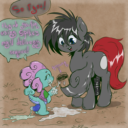 Size: 1280x1280 | Tagged: explicit, artist:dreadcoffins, spike, oc, 180 penis, cum, cum in mouth, dialogue, dragon, foalcon, g4, gay, horsecock, imported from derpibooru, male, nudity, penis, text