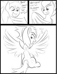 Size: 2550x3300 | Tagged: questionable, artist:cosmonaut, comic:chasing the scent, anus, cloudchaser, comic, derpibooru exclusive, foalcon, g4, high res, imported from derpibooru, looking back, monochrome, musk, nudity, older, pegasus, ponut, pony, preening, rear view, rumble, simplistic anus, sitting, spread wings, underhoof, unshorn fetlocks, wings