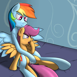 Size: 1200x1200 | Tagged: explicit, artist:floret, rainbow dash, scootaloo, female, filly, foal, foalcon, g4, hoofing, imported from derpibooru, lesbian, mare, mare on filly, pegasus, pony, ship:scootadash, shipping, vaginal secretions