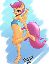 Size: 828x1080 | Tagged: questionable, artist:eggonaught, scootaloo, anthro, armpits, ass, backbend, bottomless, breasts, butt, clothes, collar, delicious flat chest, fall of equestria, female, foalcon, g4, imported from derpibooru, imported from twibooru, lolicon, looking at you, nipples, nudity, open mouth, partial nudity, pegasus, raised leg, scootabutt, scootaflat, side view, signature, solo, solo female, sports bra, spread wings, topless, underage, unguligrade anthro, uniform, useless clothing, wings, wonderbolts uniform