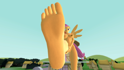 Size: 1920x1080 | Tagged: explicit, artist:mastersounds, scootaloo, 3d, anthro, barefoot, breasts, busty scootaloo, feet, female, foalcon, foot fetish, g4, giant pony, giantess, imported from derpibooru, macro, nipples, nudity, plantigrade anthro, soles, solo, solo female, source filmmaker, toes, vulva