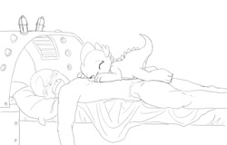 Size: 1173x750 | Tagged: explicit, artist:carnifex, spike, oc, oc:anon, aftersex, barb, bed, blushing, cum, dragon, drool, female, foalcon, g4, human on dragon action, imported from derpibooru, male, monochrome, rule 63, sketch, sleeping, straight