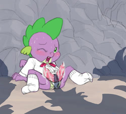 Size: 771x700 | Tagged: explicit, grimdark, artist:carnifex, spike, clothes, cum, dragon, dragon dick, foalcon, g4, gay, hemipenis, imminent rape, imported from derpibooru, male, nudity, penis, sissy, socks, sweat, underwear
