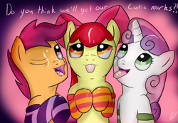 Size: 2989x2069 | Tagged: explicit, artist:neighday, apple bloom, scootaloo, sweetie belle, clothes, cmc threesome, cum, cutie mark crusaders, earth pony, facial, female, foalcon, g4, high res, imported from derpibooru, open mouth, pegasus, pony, sexy, ship:sweetiebloomaloo, socks, striped socks, this will end in jail time, unicorn