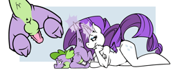 Size: 1650x696 | Tagged: explicit, artist:catfiddle, rarity, spike, anthro, anus, balls, breasts, colored, dragon, female, femdom, foalcon, g4, imported from derpibooru, interspecies, magic, male, malesub, nudity, penis, raridom, ship:sparity, shipping, straight, straight shota, submissive